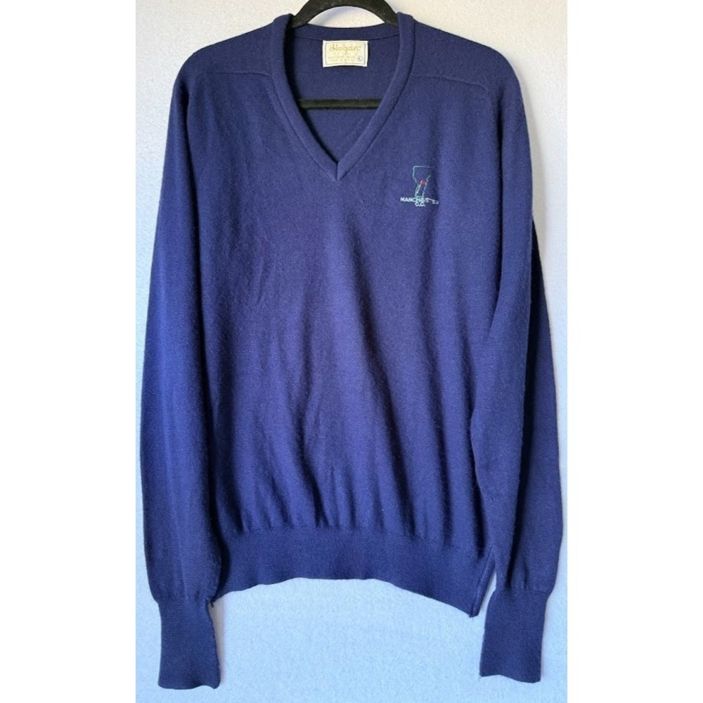 Vintage Hogan Sweater Men L Blue Manchester‎ CC Logo Pullover 100% Orlon Acrylic